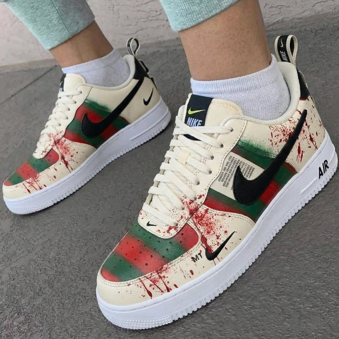 Custom AF 1s Shoes Blood Splatter Pattern Green and Red