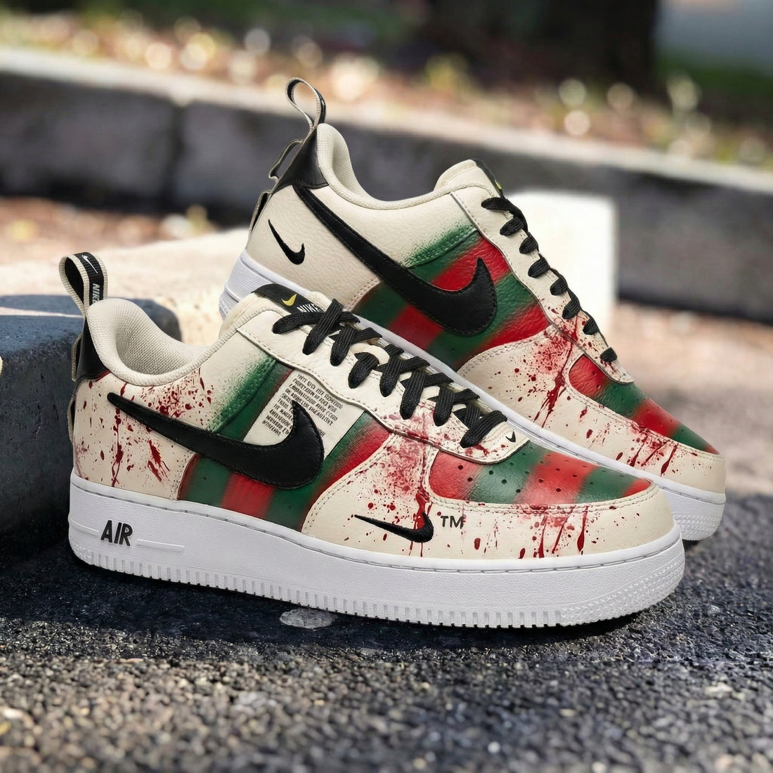 Custom AF 1s Shoes Blood Splatter Pattern Green and Red
