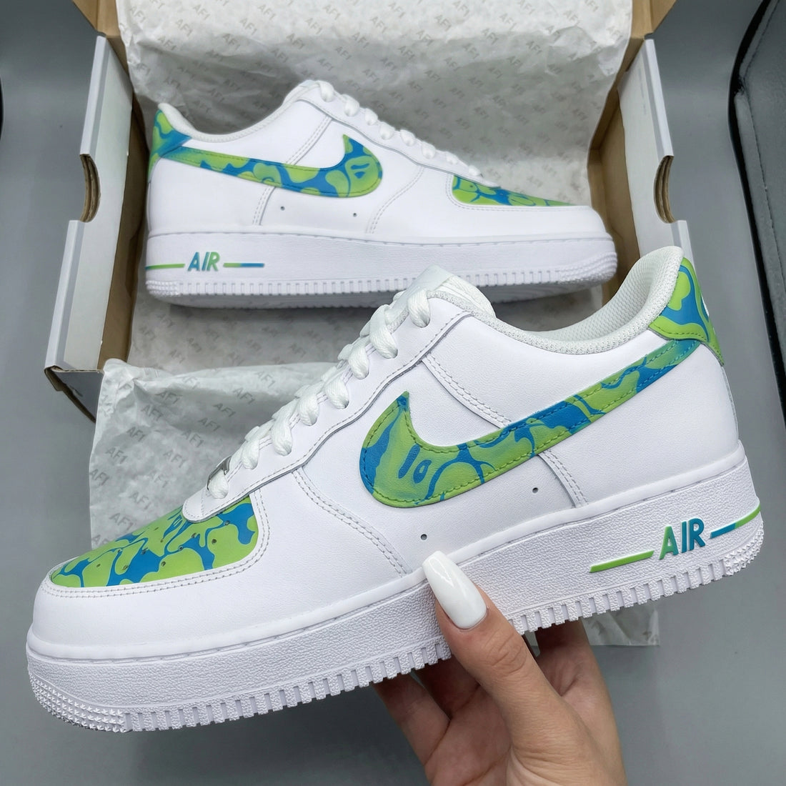 Custom AF 1s Shoes Blue Green Swirl Pattern