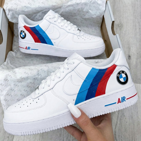 Custom AF 1s Shoes BMW Logo Stripes Red Blue