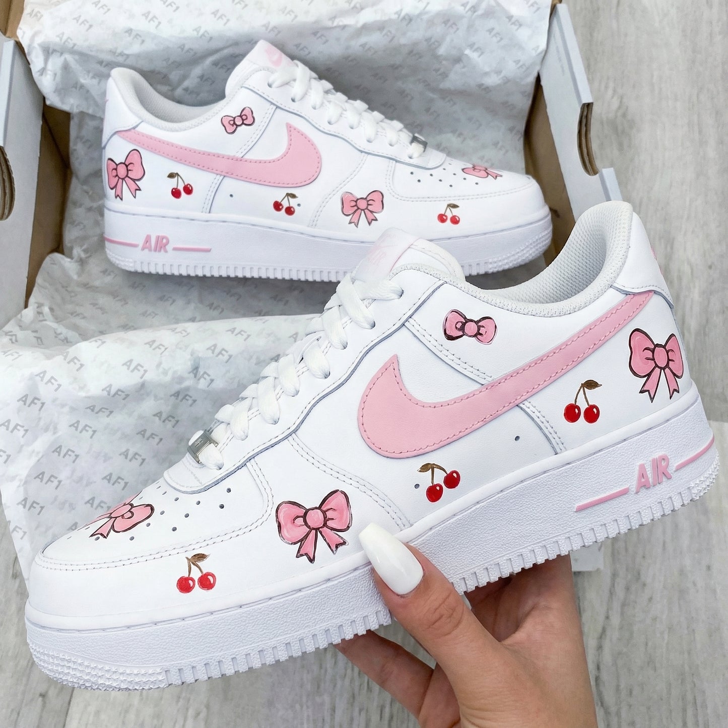 Custom AF 1s Shoes Bows Cherries Baby Pink Red