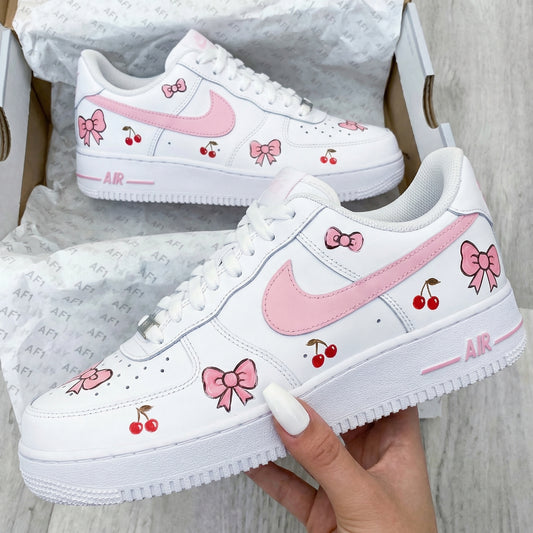 Custom AF 1s Shoes Bows Cherries Baby Pink Red