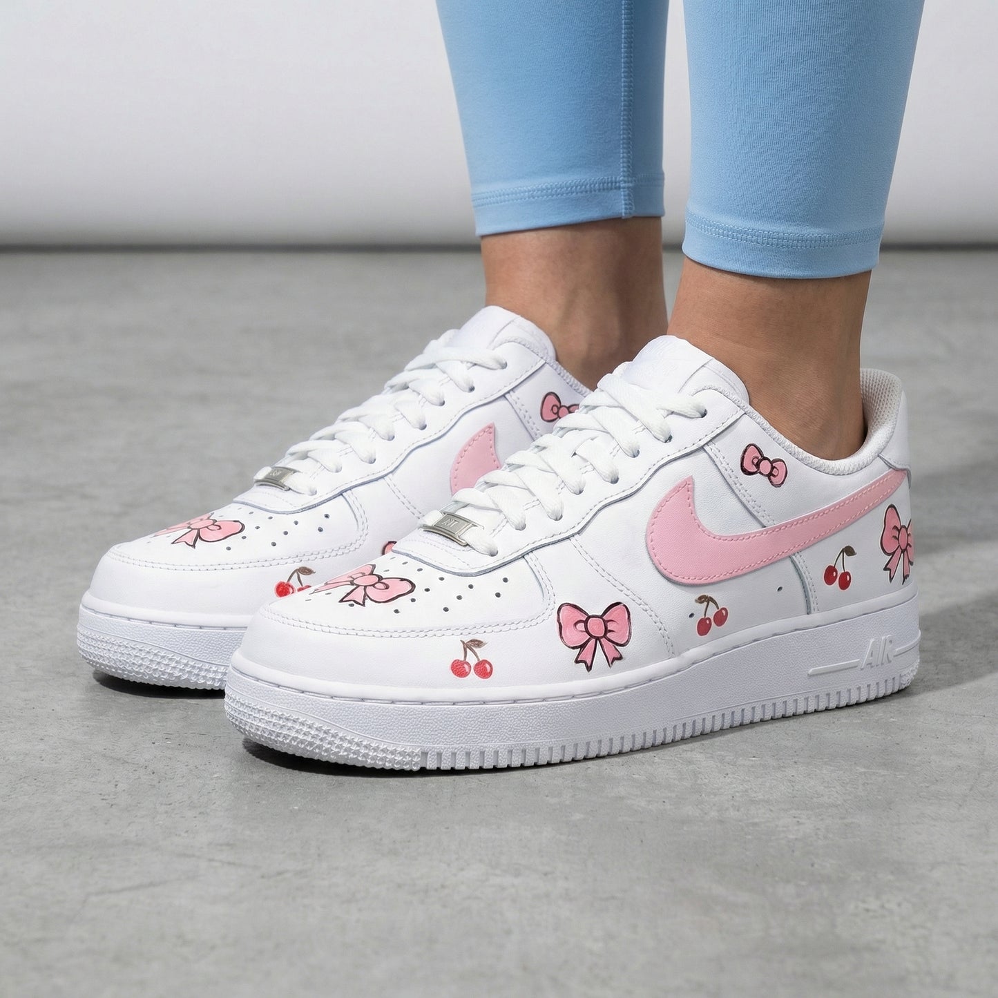 Custom AF 1s Shoes Bows Cherries Baby Pink Red