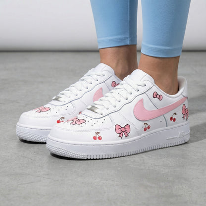 Custom AF 1s Shoes Bows Cherries Baby Pink Red