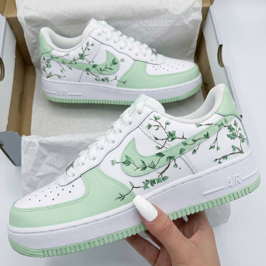 Custom AF 1s Shoes Branch Green Leaves White Mint Green
