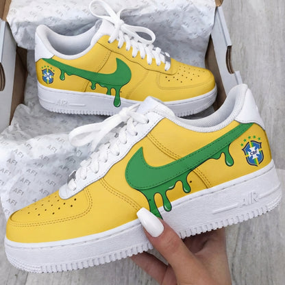 Custom AF 1s Shoes Brazil Dripping Yellow Green