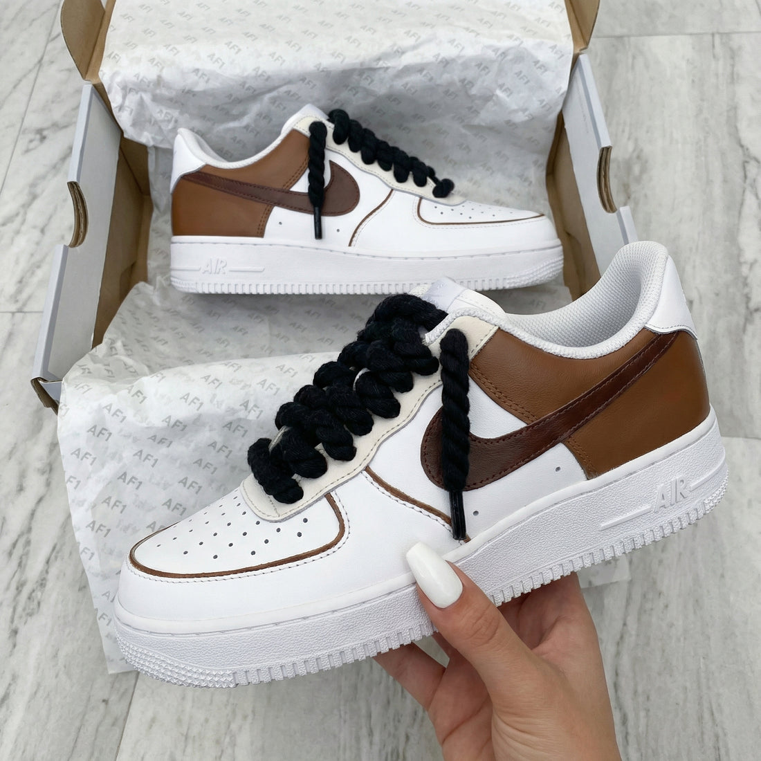 Custom AF 1s Shoes Brown Black Thick Shoelaces