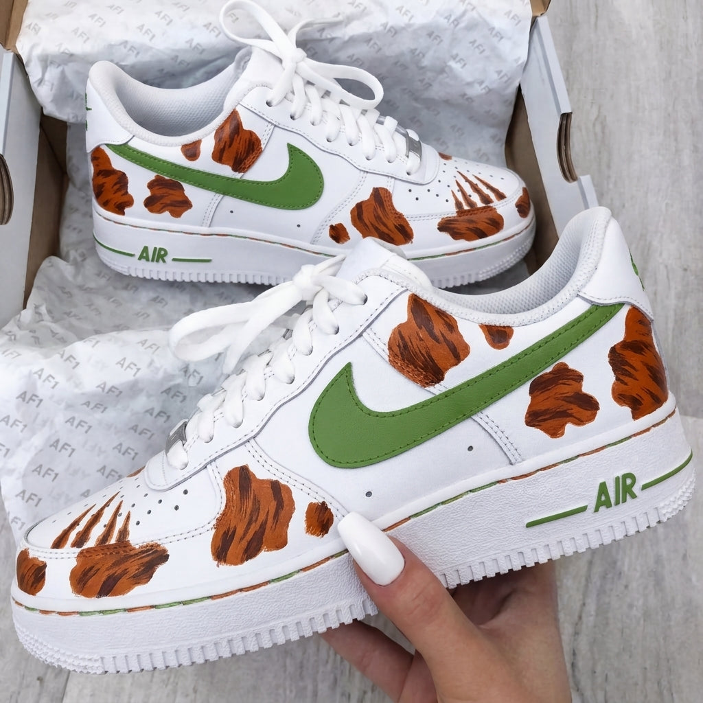 Custom AF 1s Shoes Brown Paw Prints Green