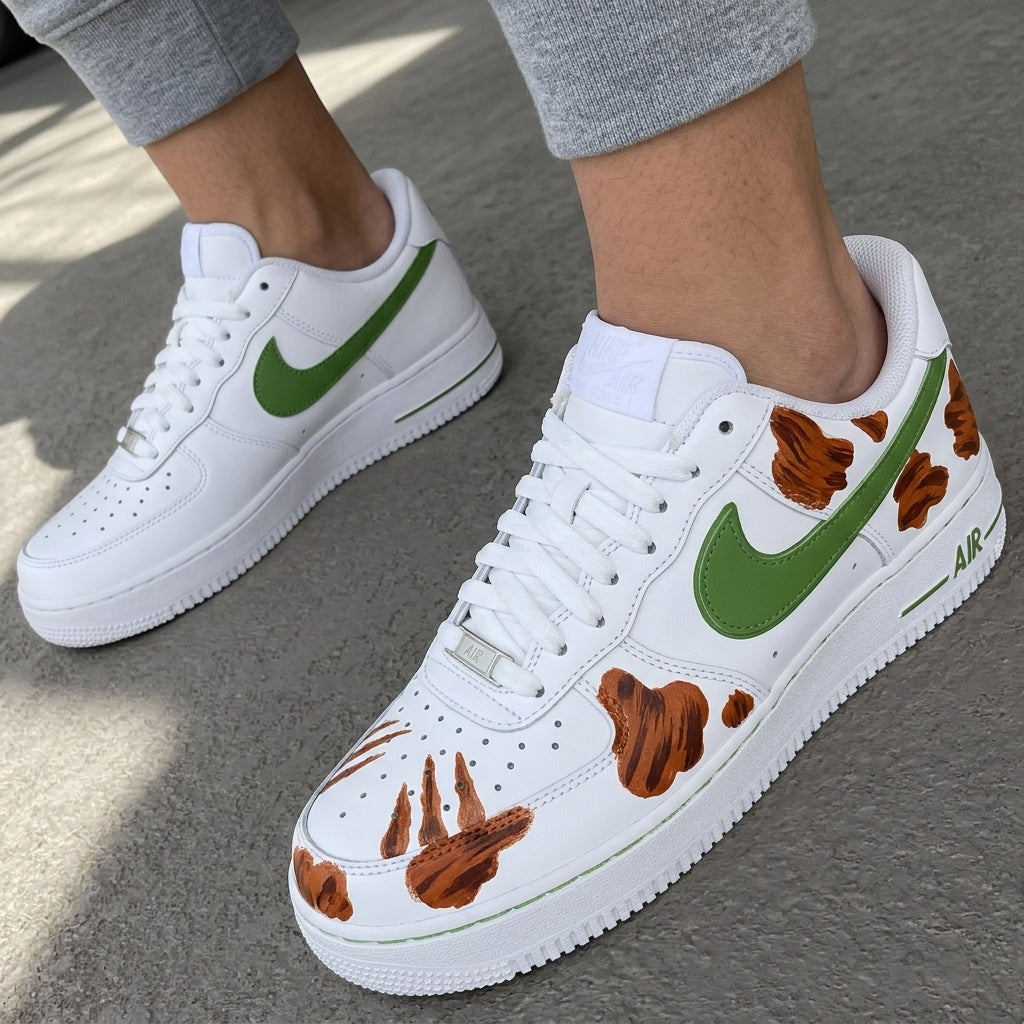 Custom AF 1s Shoes Brown Paw Prints Green