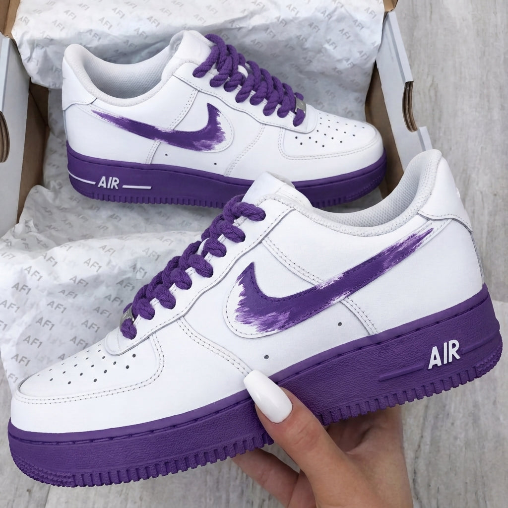 Custom AF 1s Shoes Brush Swoosh White Purple