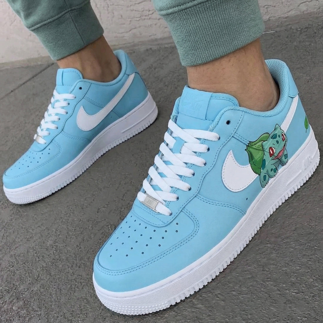 Custom AF 1s Shoes Bulbasaur Design Baby Blue