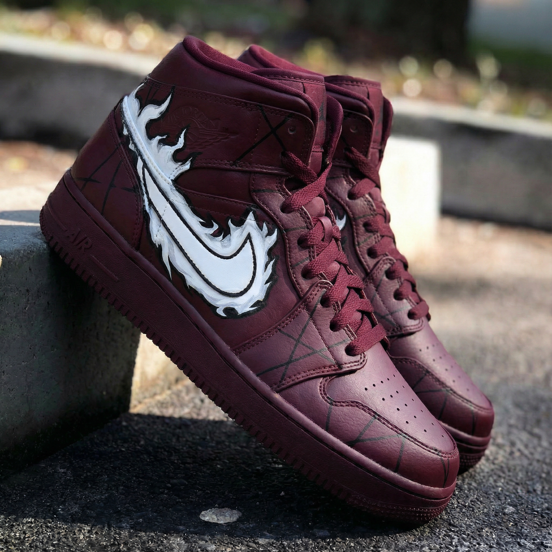 Custom AF 1s Shoes Burgundy White Flame Drip