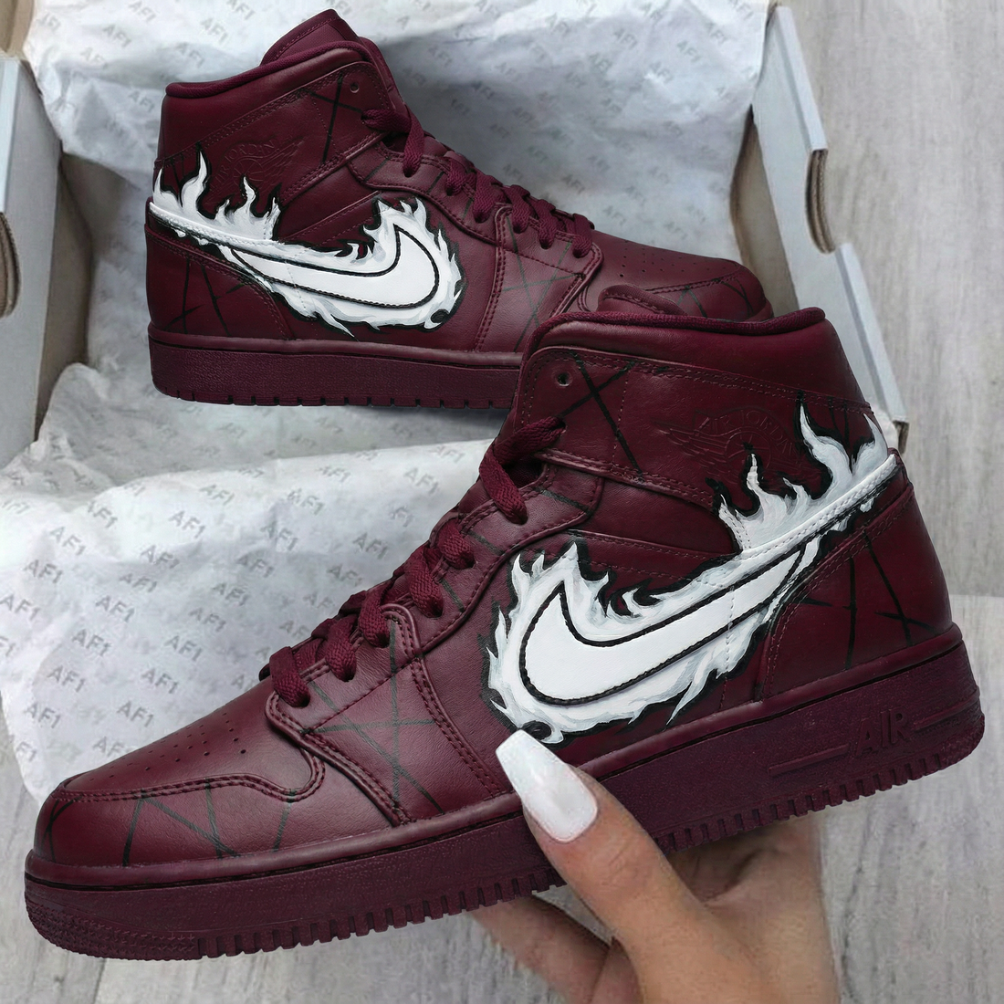 Custom AF 1s Shoes Burgundy White Flame Drip
