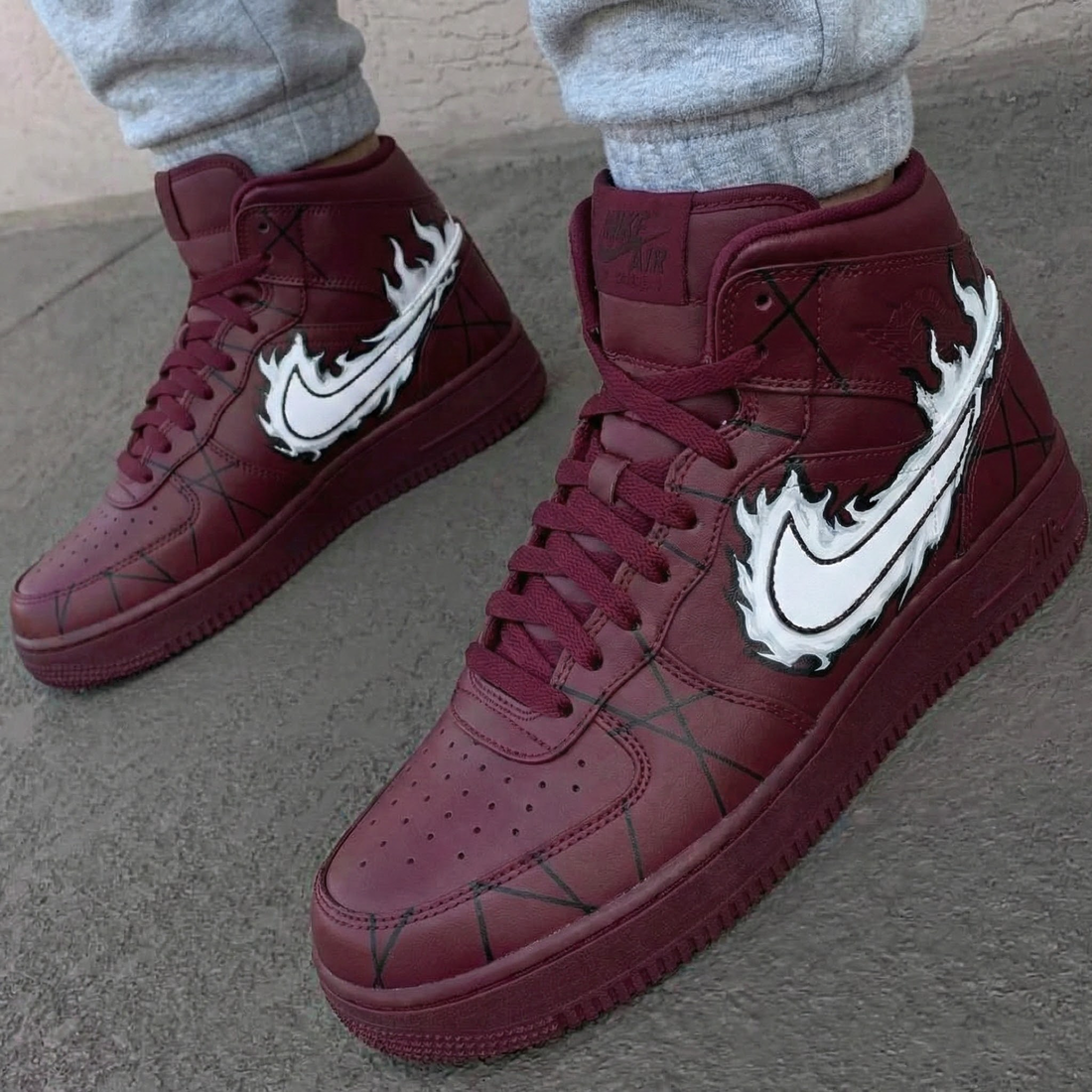 Custom AF 1s Shoes Burgundy White Flame Drip