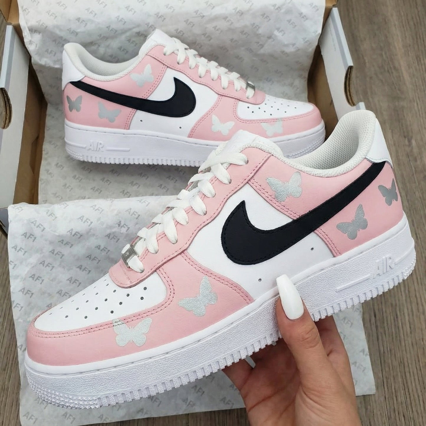 Custom AF 1s Shoes Butterflies Baby Pink Black