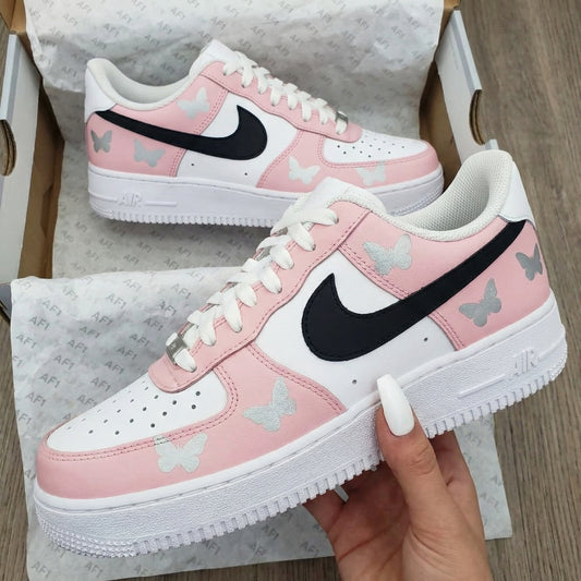 Custom AF 1s Shoes Butterflies Baby Pink Black