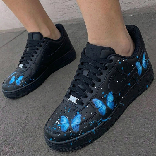 Custom AF 1s Shoes Butterflies Black Baby Blue