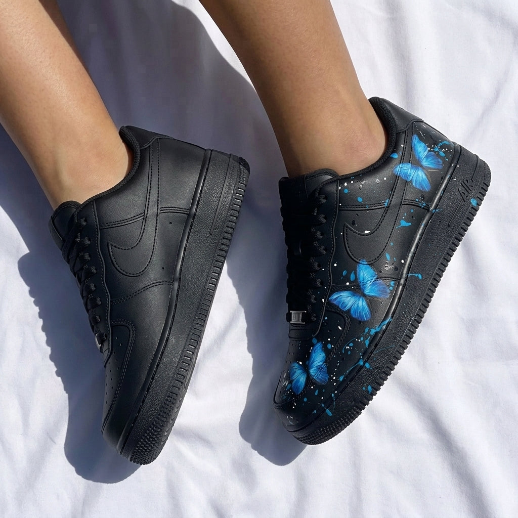 Custom AF 1s Shoes Butterflies Black Baby Blue