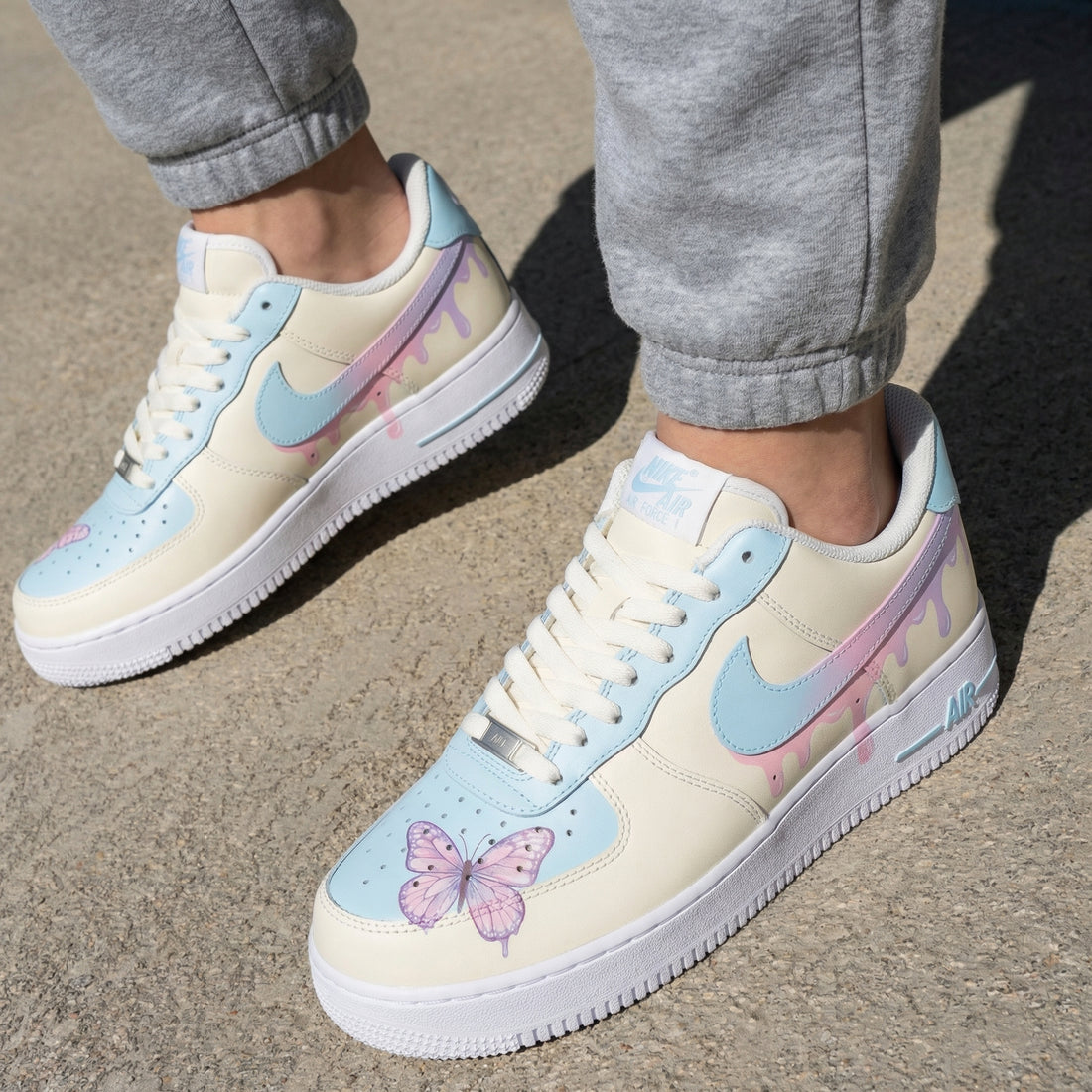 Custom AF 1s Shoes Butterflies Drip Baby Blue Pink