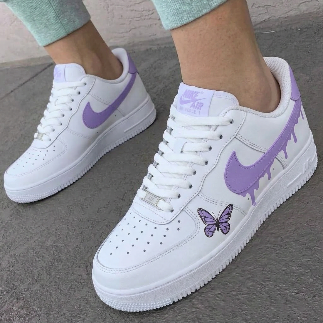 Custom AF 1s Shoes Butterflies Drip Purple White