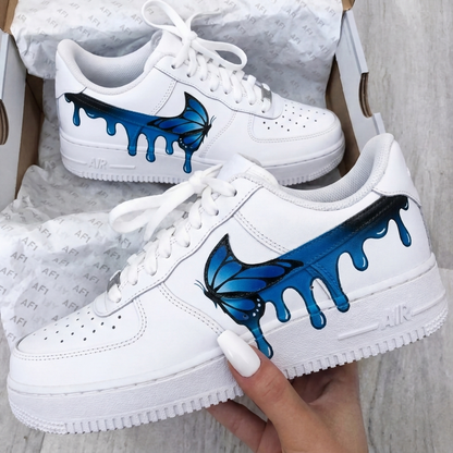 Custom AF 1s Shoes Butterflies Drip White Blue