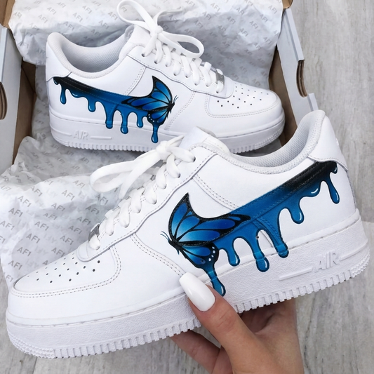 Custom AF 1s Shoes Butterflies Drip White Blue
