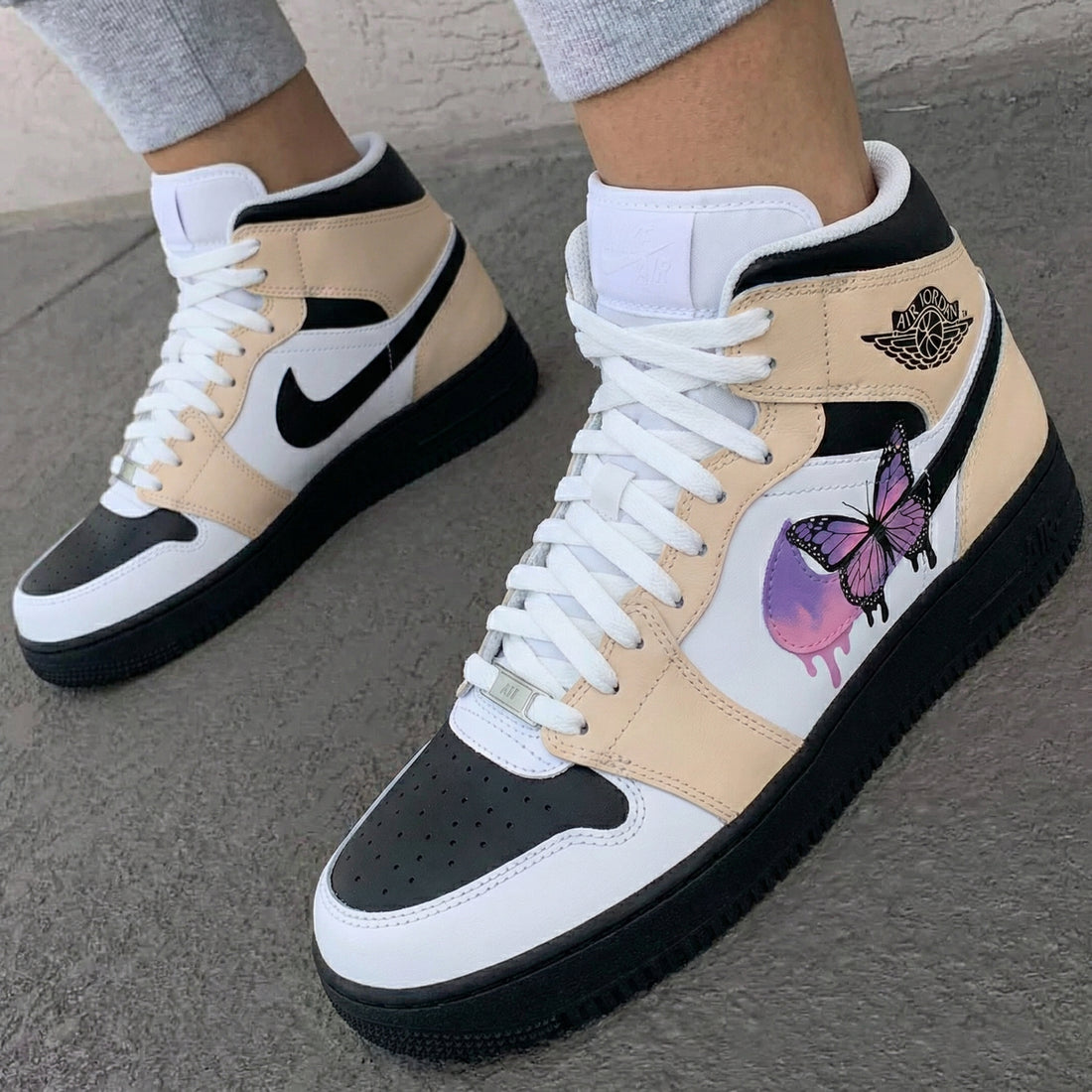 Custom AF 1s Shoes Butterfly Design Tan Black