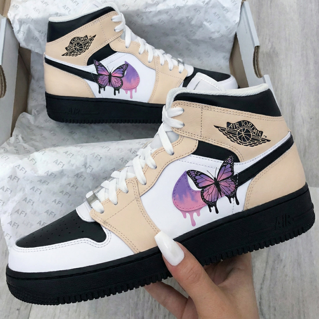 Custom AF 1s Shoes Butterfly Design Tan Black