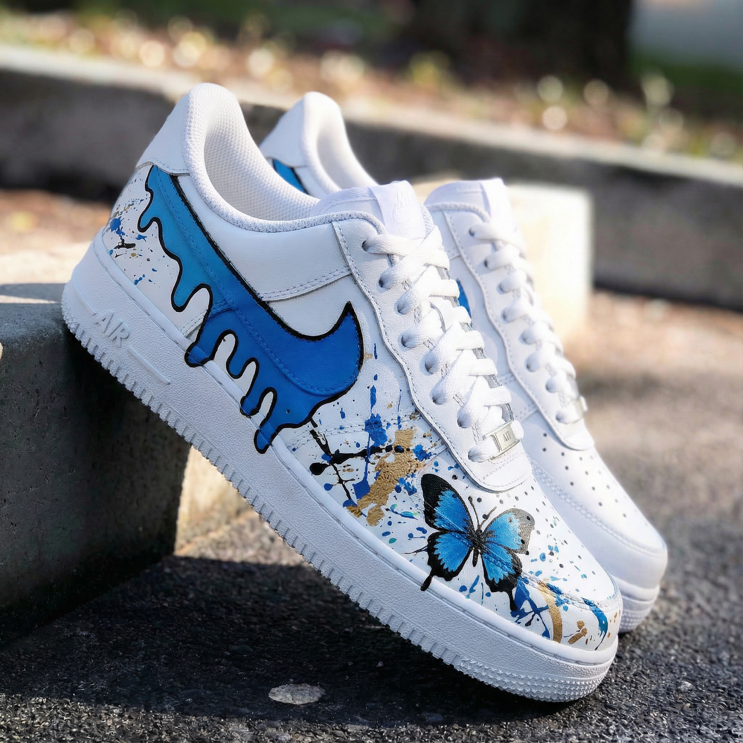 Custom AF 1s Shoes Butterfly Drip Blue Gold