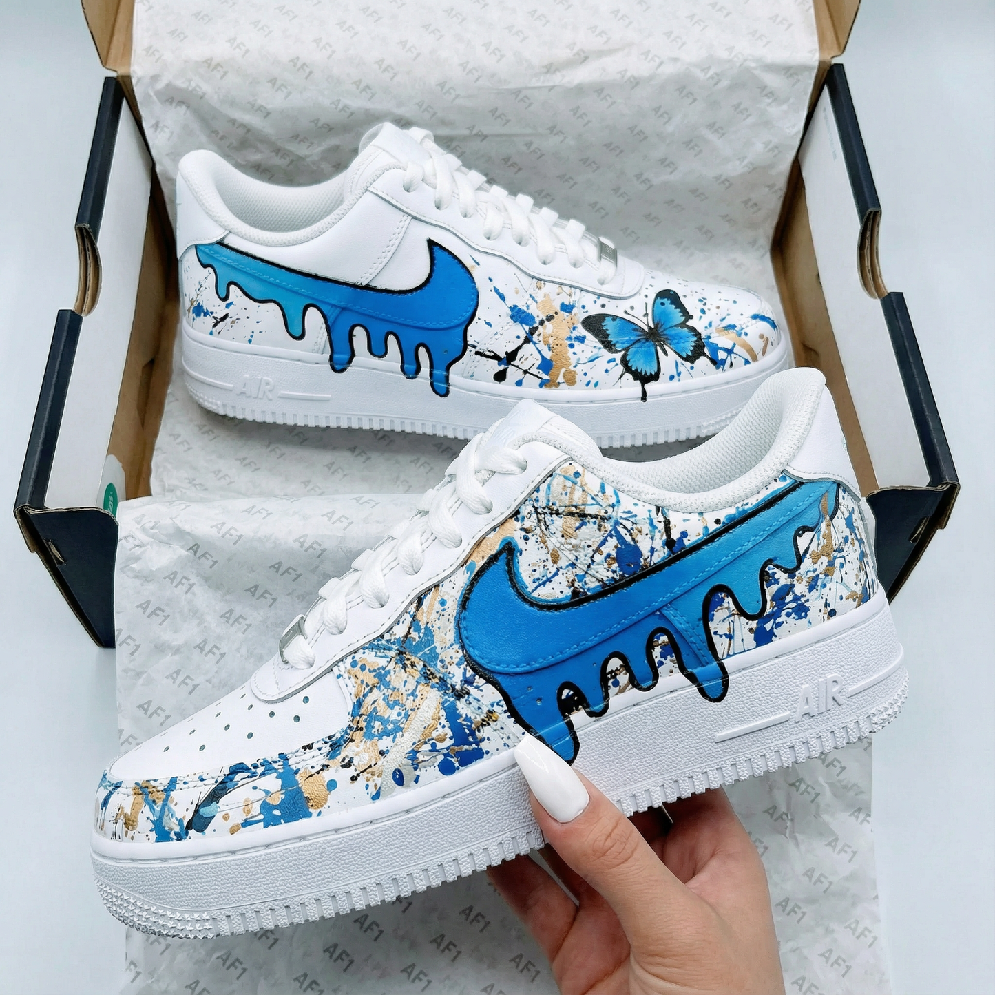 Custom AF 1s Shoes Butterfly Drip Blue Gold