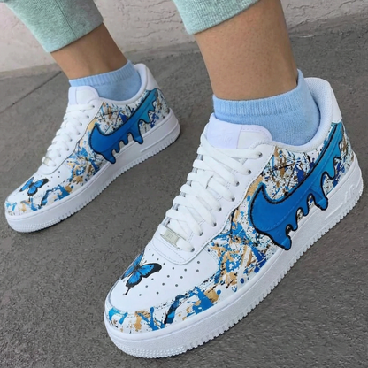 Custom AF 1s Shoes Butterfly Drip Blue Gold