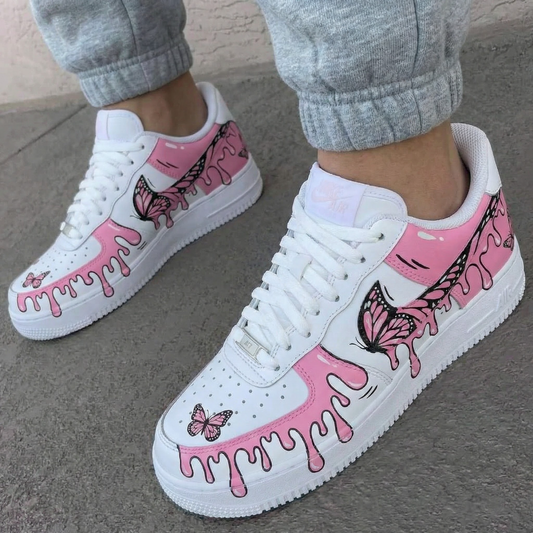 Custom AF 1s Shoes Butterfly Drip Design Baby Pink