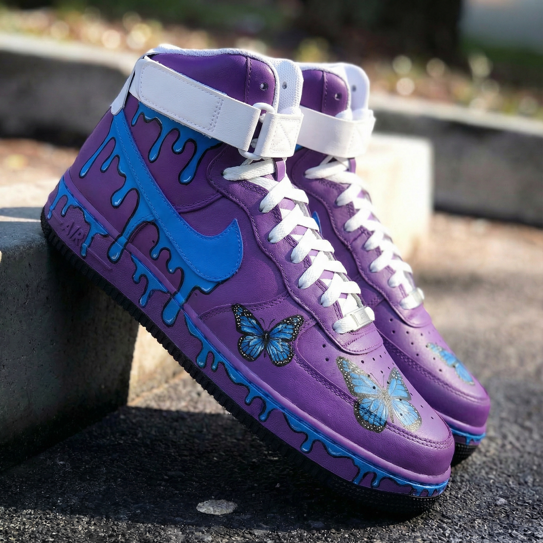 Custom AF 1s Shoes Butterfly Drip Design Purple Blue