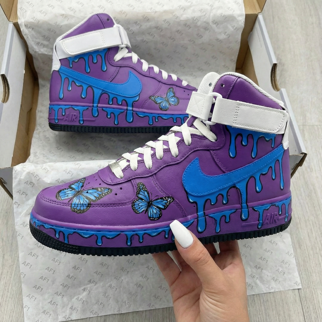 Custom AF 1s Shoes Butterfly Drip Design Purple Blue