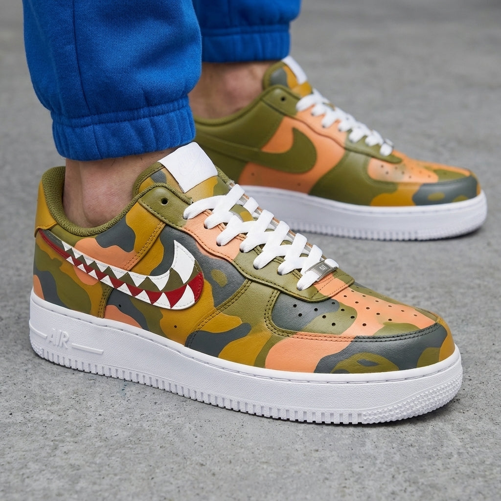Custom AF 1s Shoes Camo Shark Teeth Olive Orange Gray