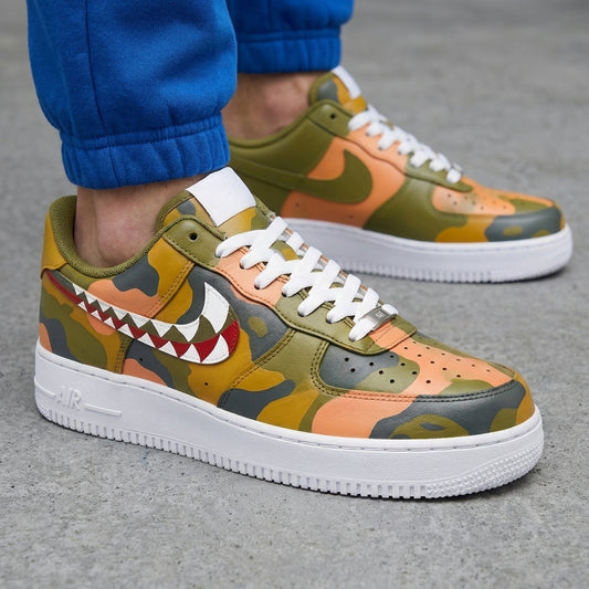 Custom AF 1s Shoes Camo Shark Teeth Olive Orange Gray