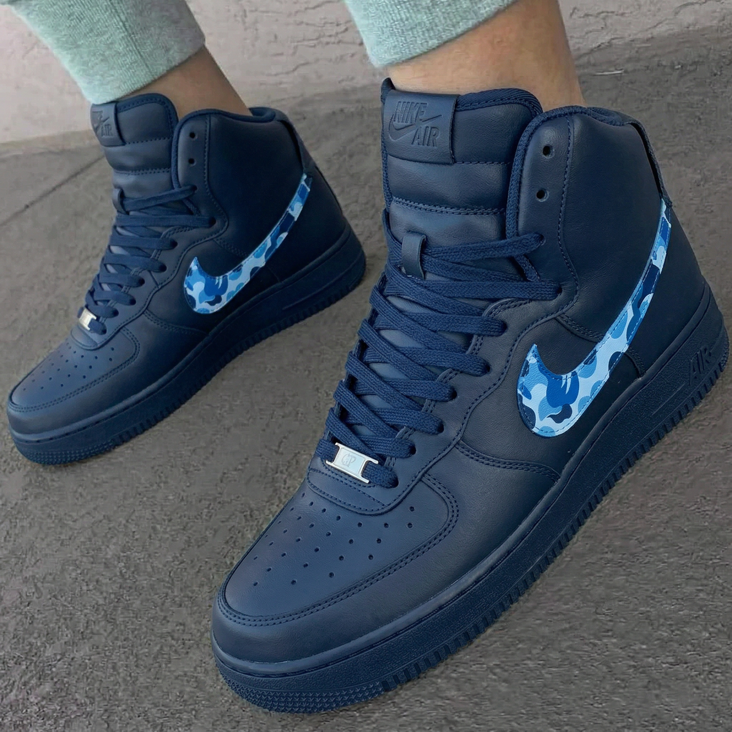 Custom AF 1s Shoes Camo Swoosh Navy Baby Blue