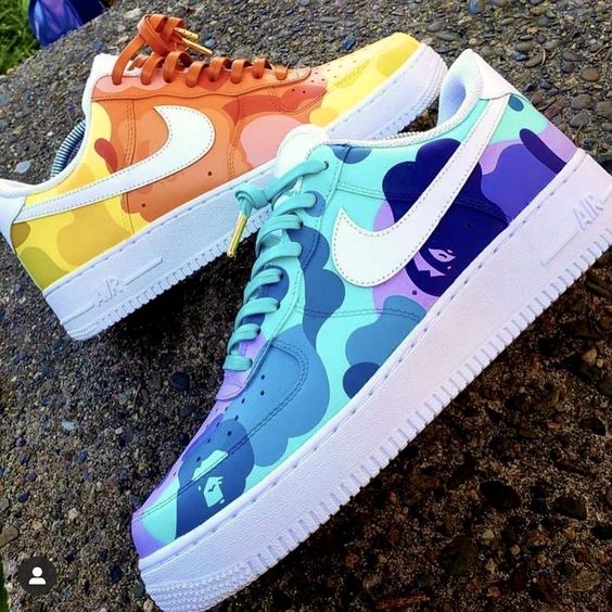Custom AF 1s Shoes Camouflage Orange Yellow and Turquoise Purple
