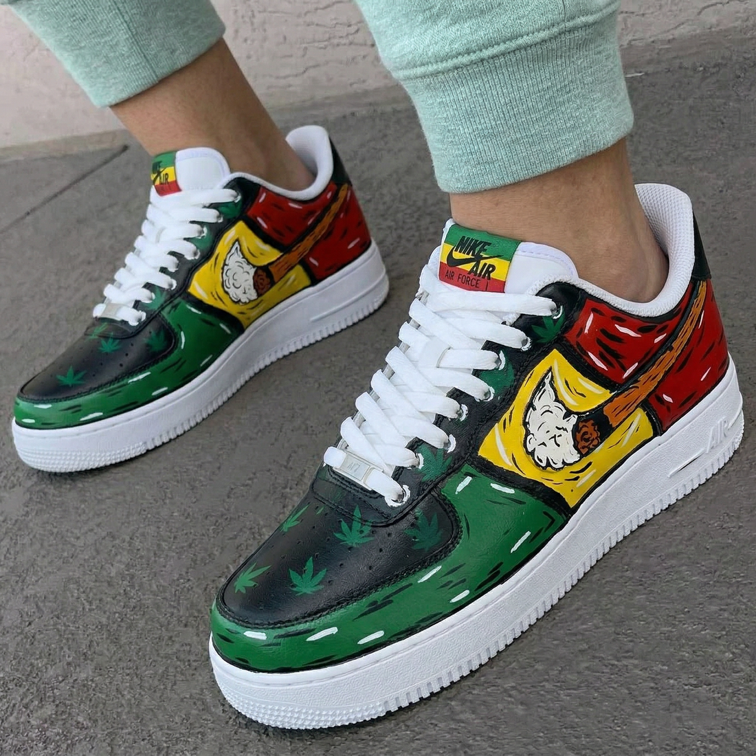 Custom AF 1s Shoes Cannabis Leaves Pipe Graphic Black Green Yellow Red