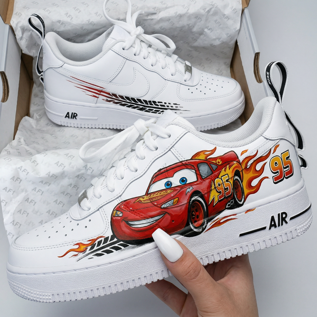 Custom AF 1s Shoes Cars Lightning McQueen Flames Tire Tracks Red Black Orange