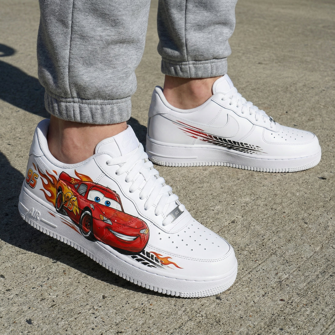 Custom AF 1s Shoes Cars Lightning McQueen Flames Tire Tracks Red Black Orange