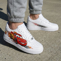 Custom AF 1s Shoes Cars Lightning McQueen Flames Tire Tracks Red Black Orange