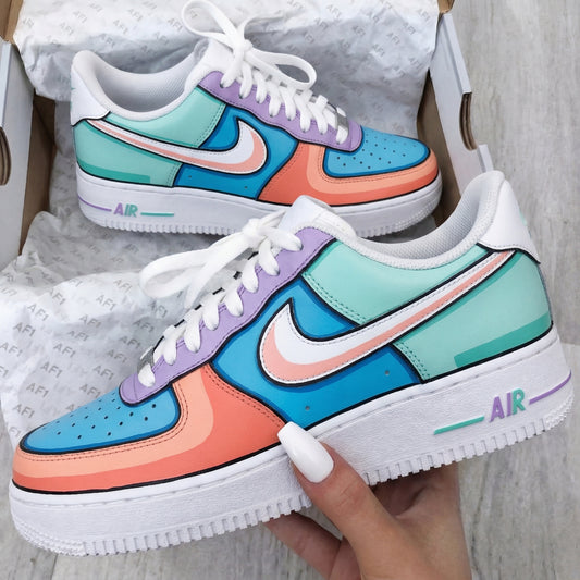 Custom AF 1s Shoes Cartoon Color Block Purple Blue Orange Turquoise