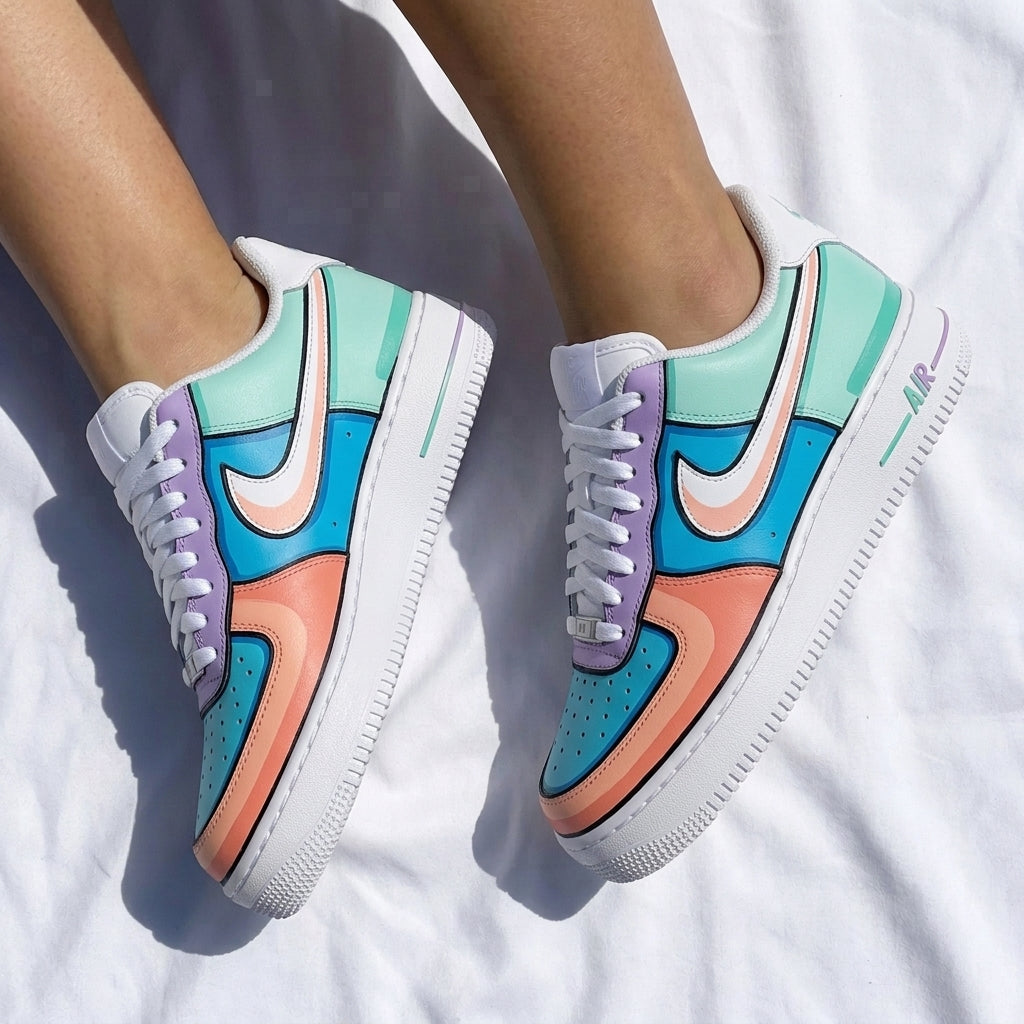 Custom AF 1s Shoes Cartoon Color Block Purple Blue Orange Turquoise
