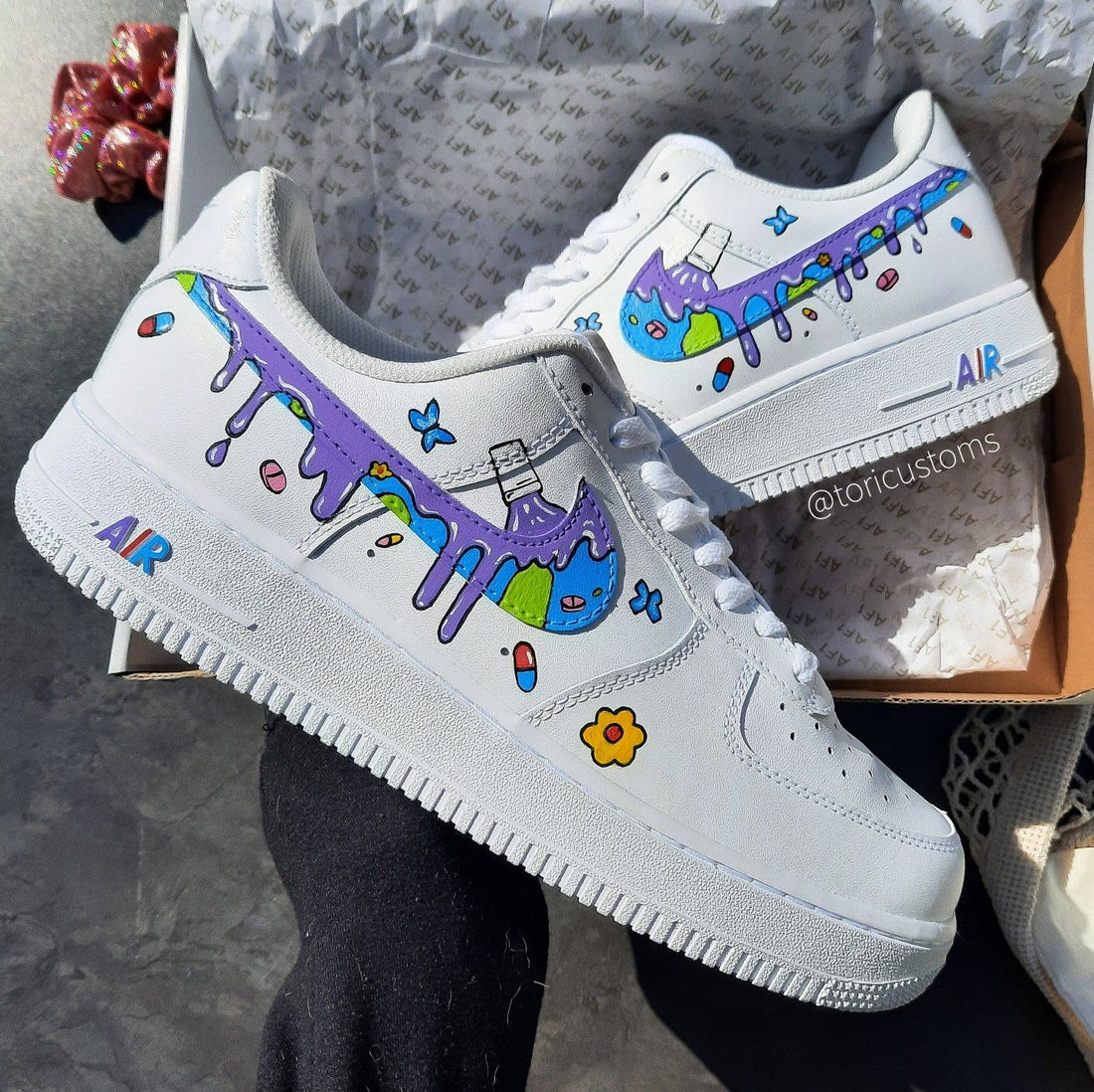 Custom AF 1s Shoes Cartoon Drip Design Purple Green