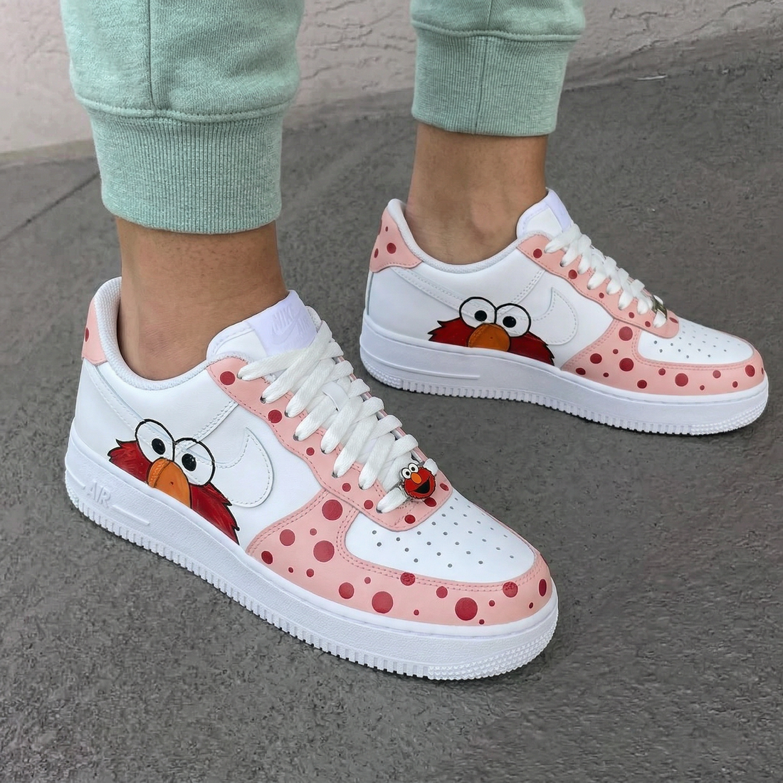 Custom AF 1s Shoes Cartoon Elmo Polka Dots Baby Pink Red