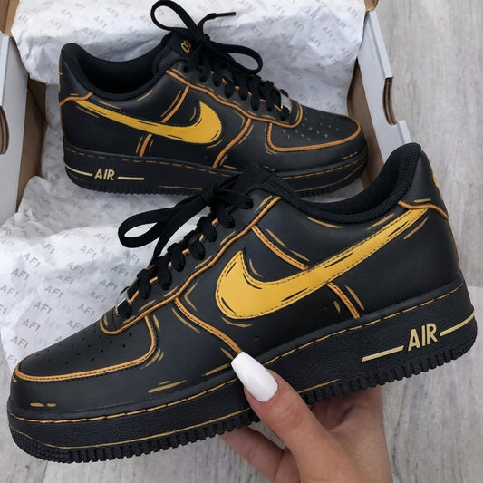 Custom AF 1s Shoes Cartoon Outline Black Yellow