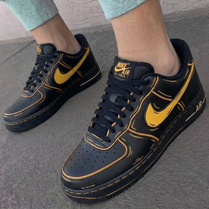 Custom AF 1s Shoes Cartoon Outline Black Yellow