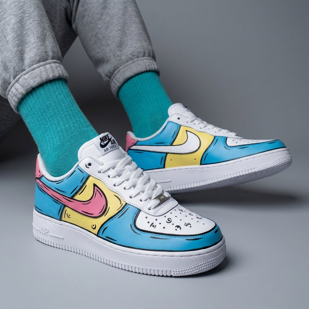 Custom AF 1s Shoes Cartoon Pattern Baby Blue Yellow Pink