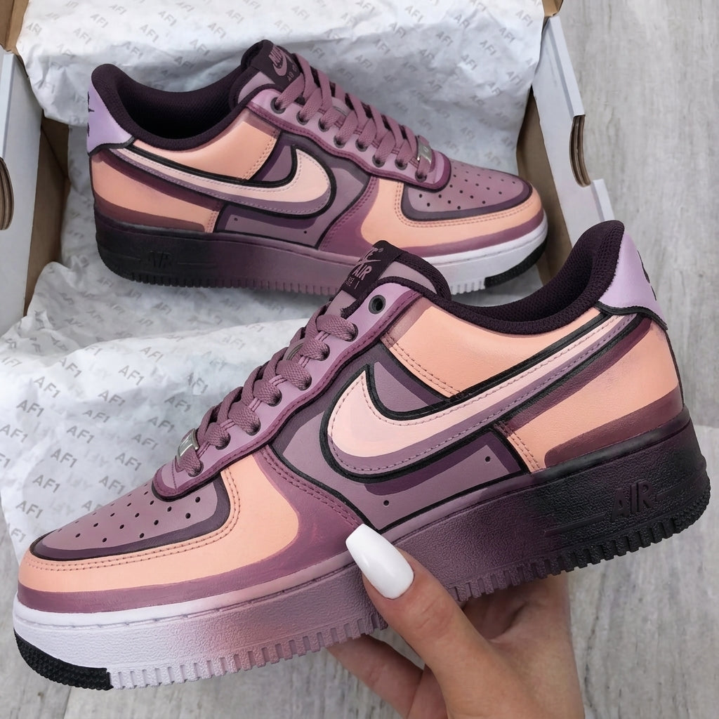 Custom AF 1s Shoes Cartoon Shadow Layered Peach Purple Lavender